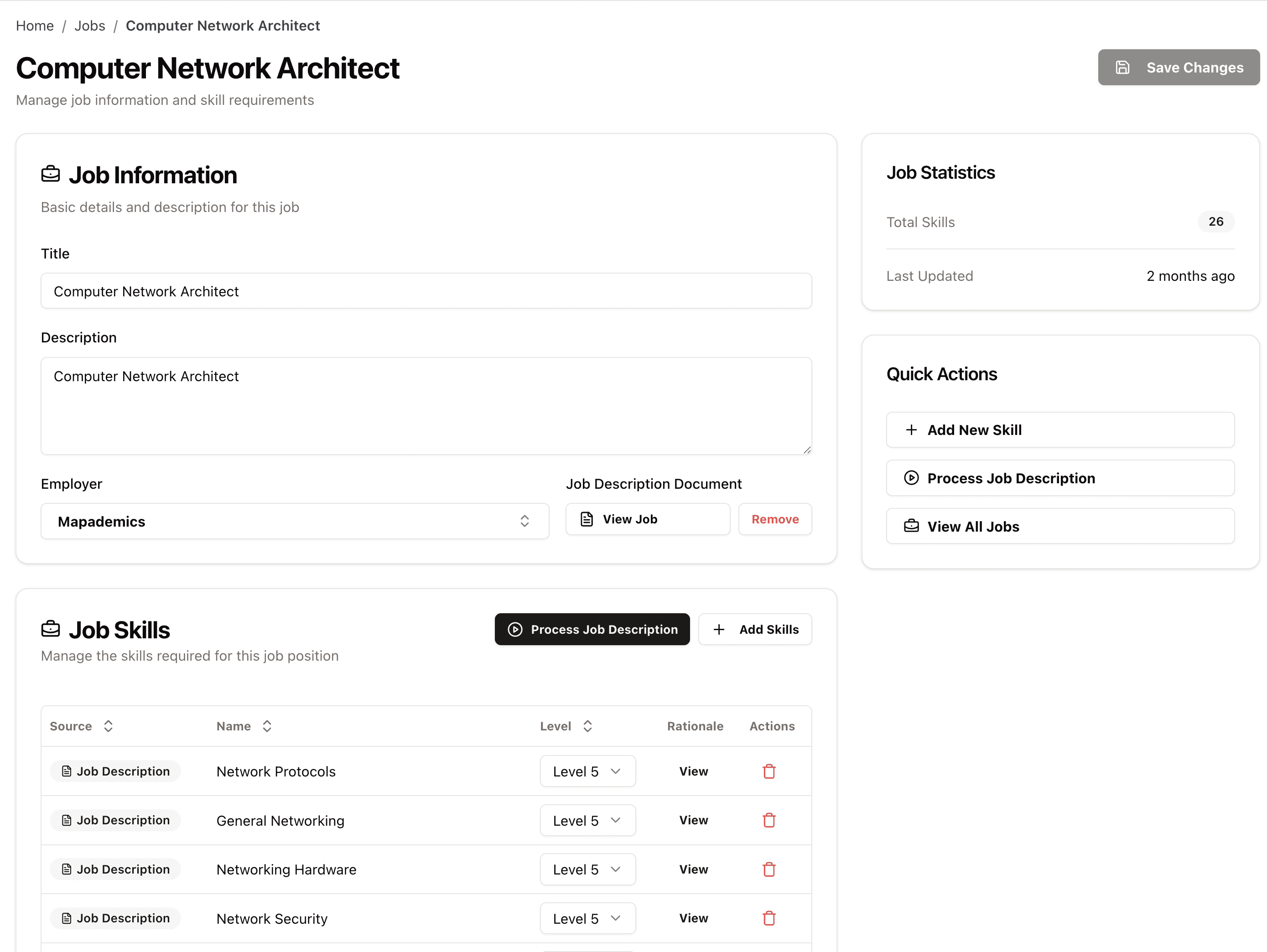 Mapademics job profile for Computer Network Architect, including job title, description, employer, and a detailed list of required skills with proficiency levels.