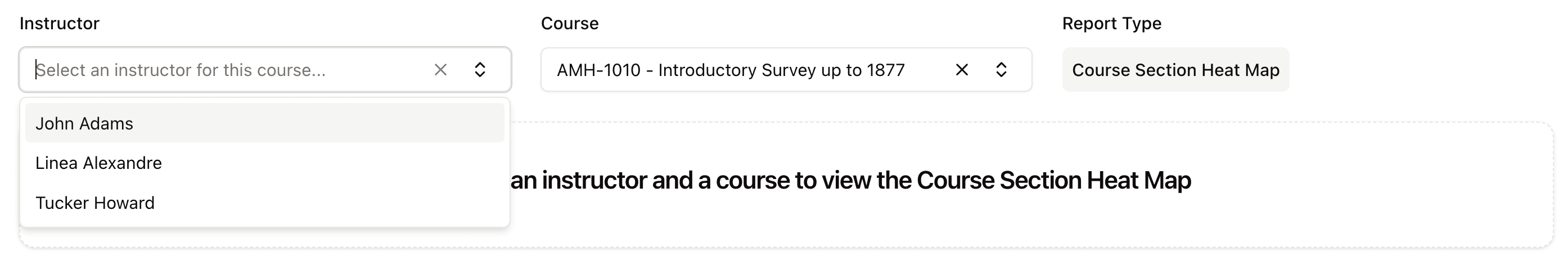 Mapademics instructor selection dropdown showing available faculty for analysis in the Instructor Skills Analysis tool, including John Adams, Linea Alexandre, and Tucker Howard.