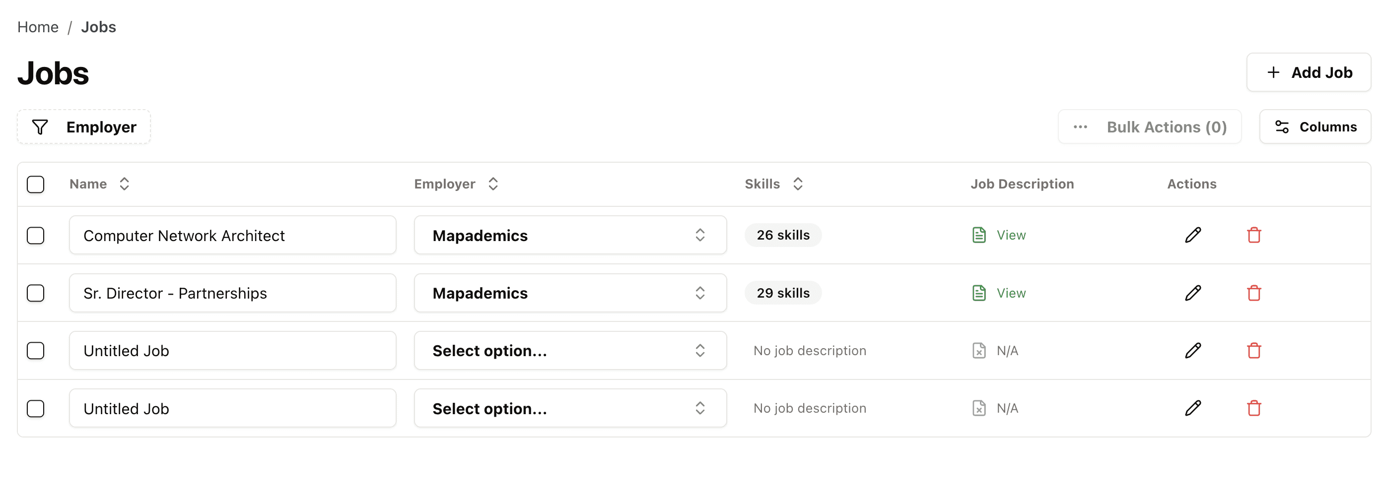 Mapademics Jobs dashboard displaying multiple target job profiles, including Computer Network Architect and Sr. Director – Partnerships, with skill counts and job description links.