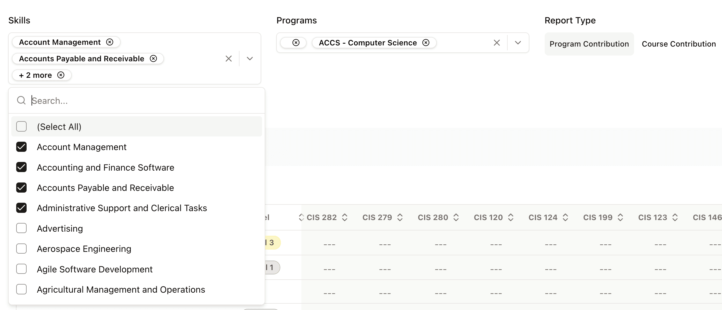 Mapademics Skills Contribution Analysis filter showing a searchable list of competencies such as Account Management, Accounting and Finance Software, and Administrative Support, with options to select skills for analysis.